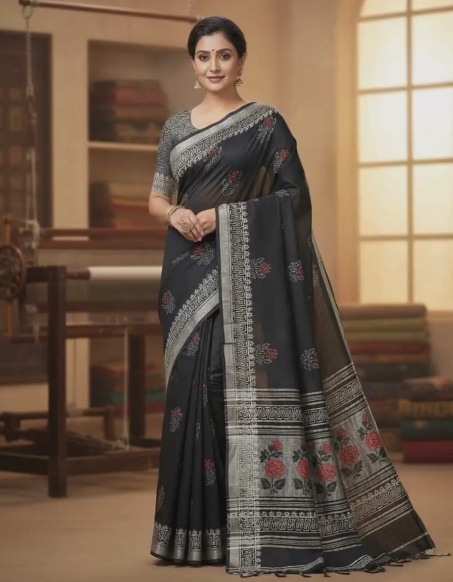 Black Linen Bagru Print Saree