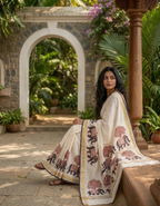 Off- white Elephant print Khadi Linen saree